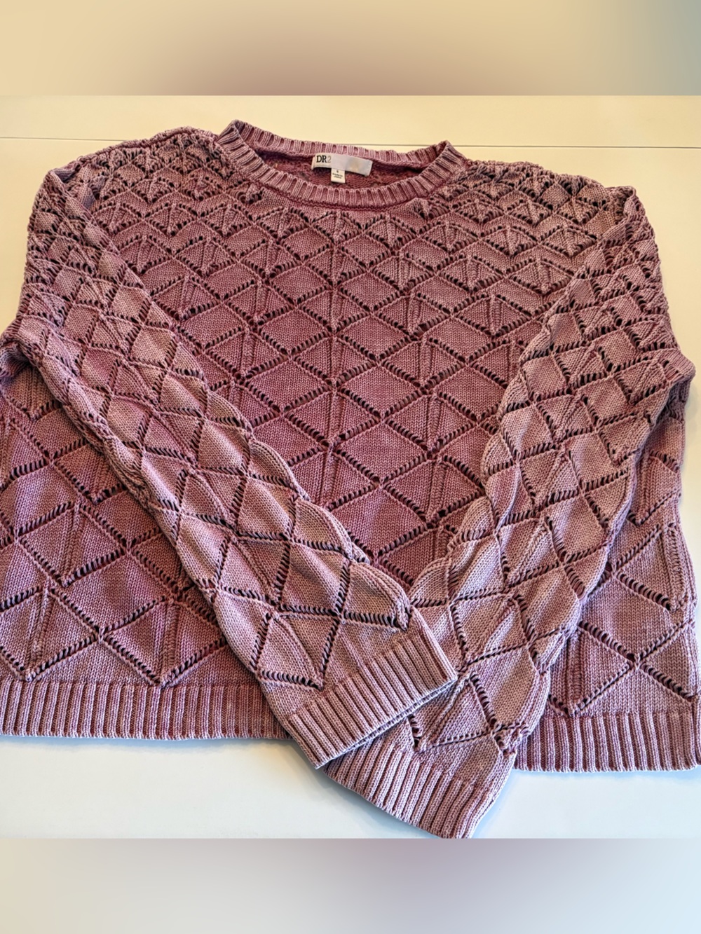DR2 Lilac Open-Knit Diamond Crewneck Sweater